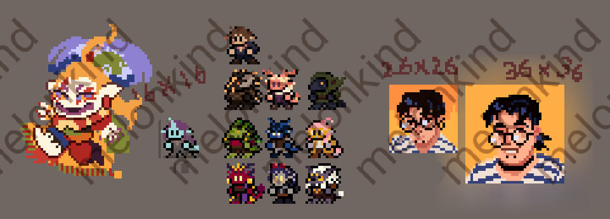 Experimental chibi, 16x16 itty bitties (original style), 26x26 & 36x36 icons